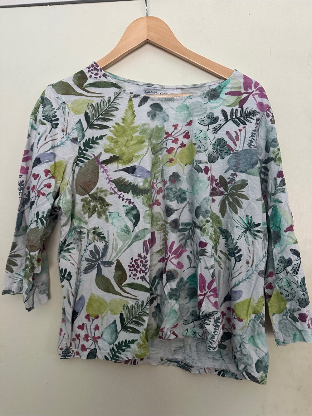 Coldwater Creek Botanical-Print 3/4 Sleeve Tee in Green, Purple, Teal